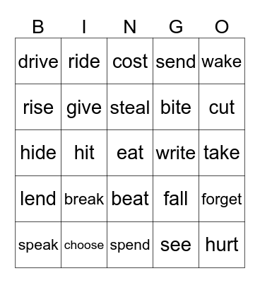 irregular verbs Bingo Card