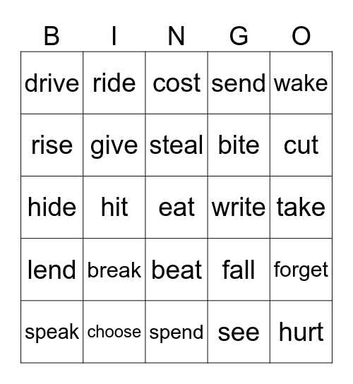 irregular verbs Bingo Card