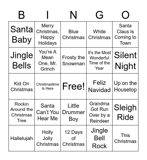 Holiday Song Bingo Card