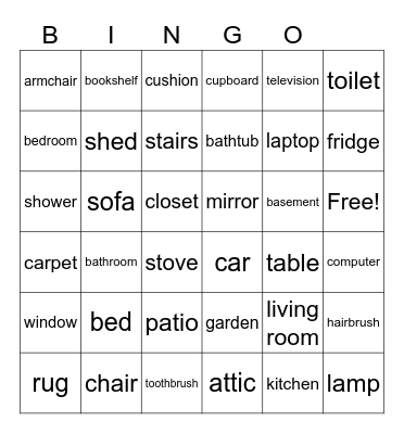 Rooms and Things in the House Bingo Card