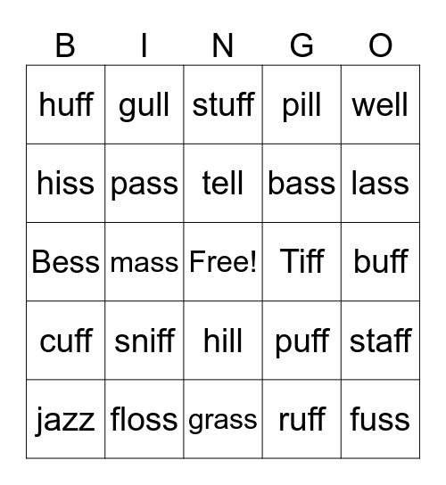 -SS, -LL,-FF, -ZZ BINGO Card