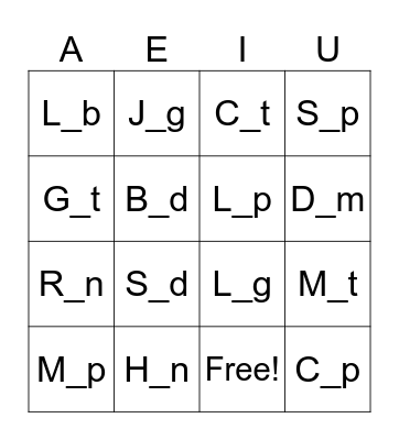 A, E, I, U - Vowel sounds Bingo Card