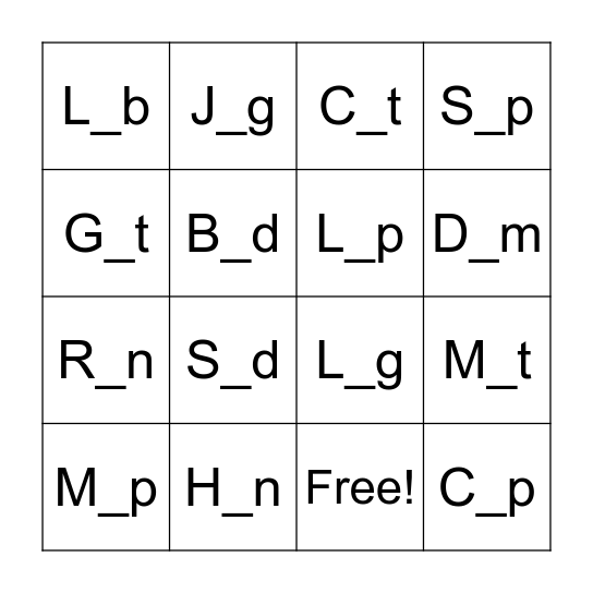 A, E, I, U - Vowel sounds Bingo Card