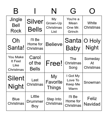 Holiday Music Bingo Card