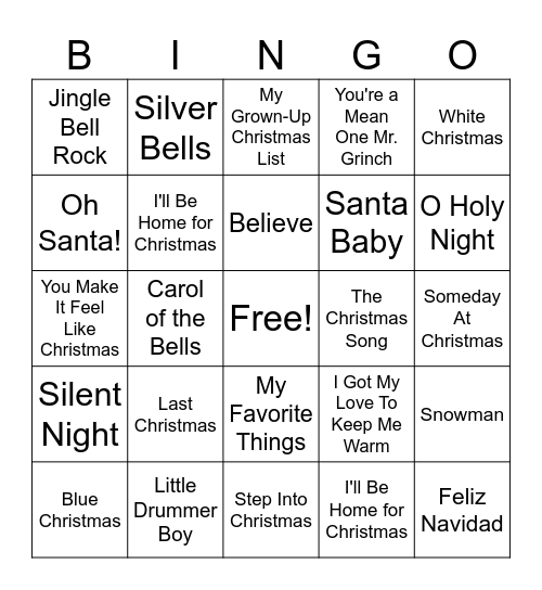 Holiday Music Bingo Card