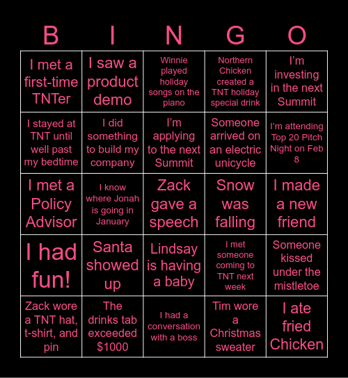 Startup TNT Holiday Bingo! Bingo Card