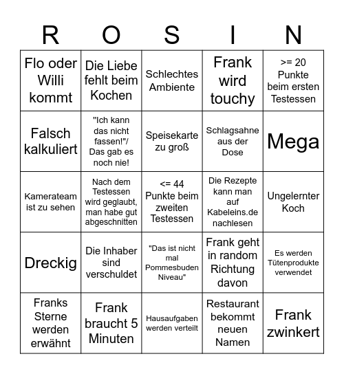 Rosins Restaurants Bingo Card