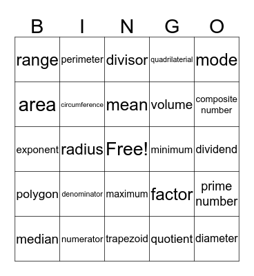 Math PSSA Vocabulary Bingo Card