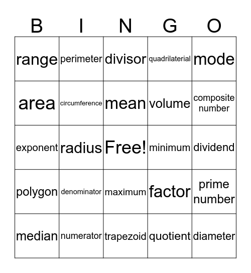 Math PSSA Vocabulary Bingo Card