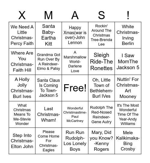 CHRISTMAS MUSIC BINGO Card