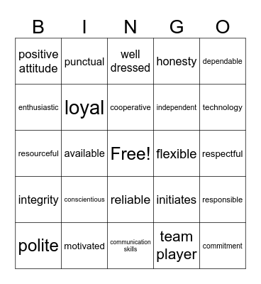 Loyal Employability Skills Bingo Card