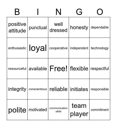 Loyal Employability Skills Bingo Card