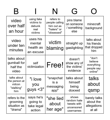 Dream Video Bingo Card
