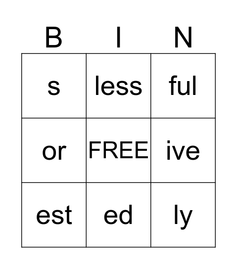 Suffix-O Bingo Card