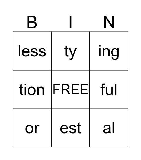 Suffix-O Bingo Card