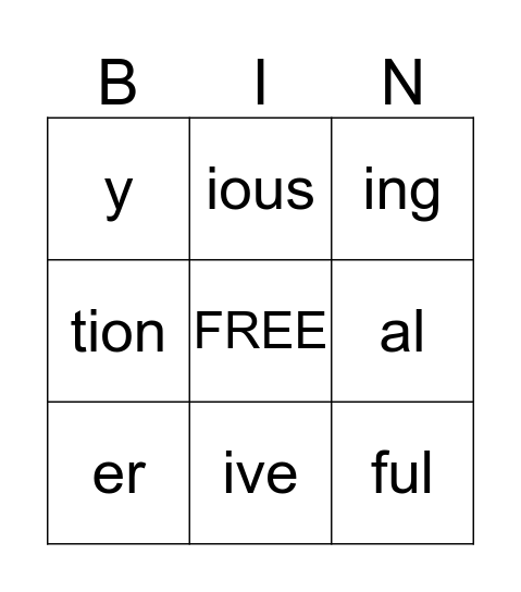 Suffix-O Bingo Card