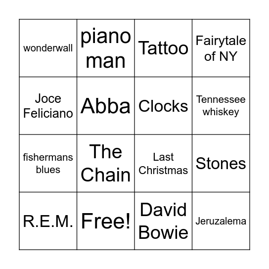 music bingo Card