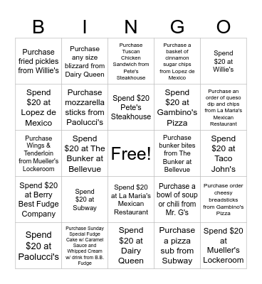 January Restaurant Bingo Card