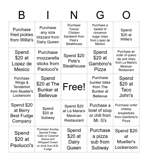 January Restaurant Bingo Card