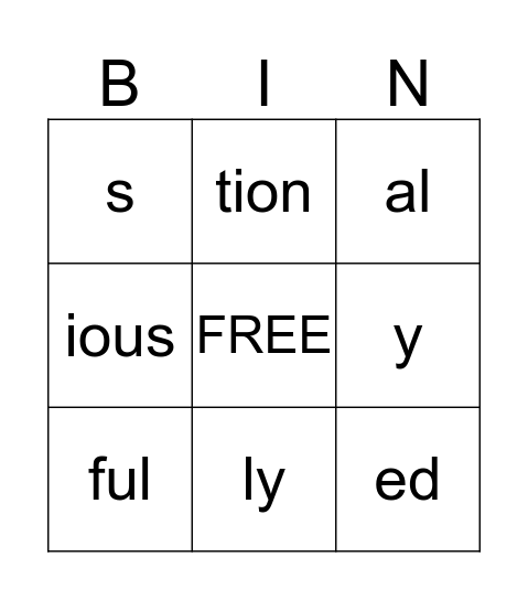 Suffix-O Bingo Card