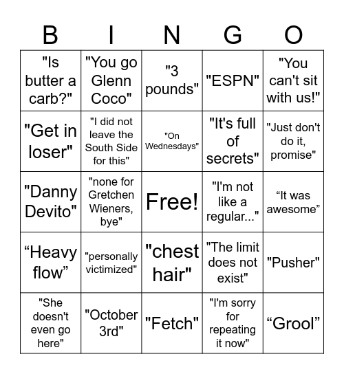 Mean Girls Bingo Card