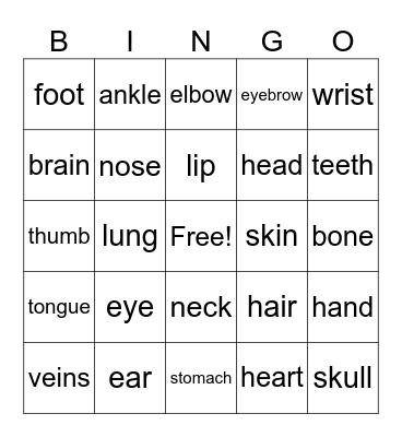 Body Part Bingo Card