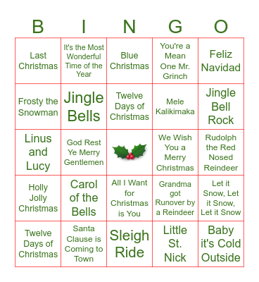 Christmas Song Bingo Card