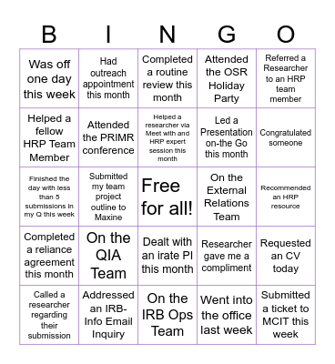 NYU Langone Health HRP Bingo Card