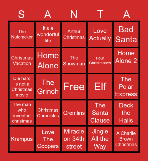 Christmas Movie Bingo Card