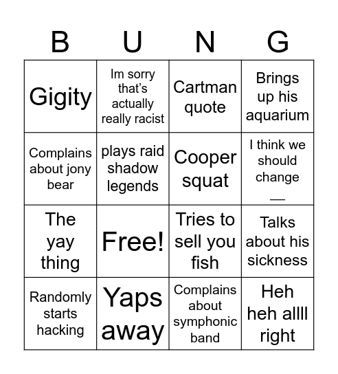 Cooper bungo Bingo Card