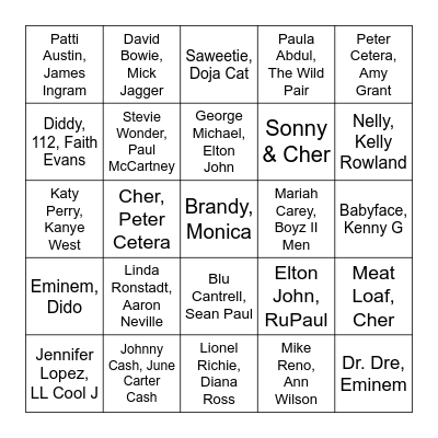 Duets 70s-2000s Bingo Card