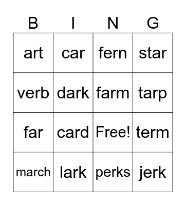 /ar/ and /er/ Bingo Card