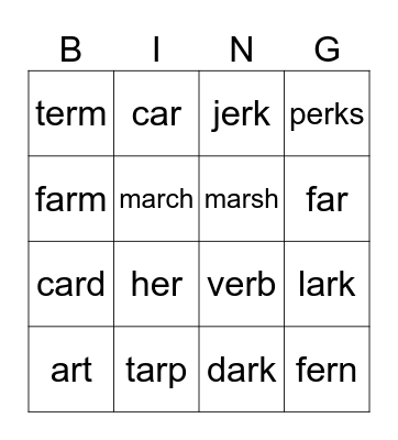 /ar/ and /er/ Bingo Card