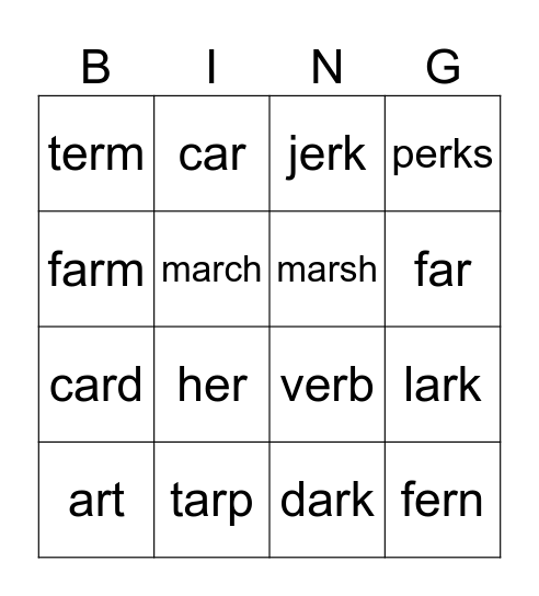 /ar/ and /er/ Bingo Card