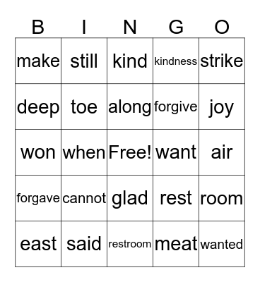 Spelling List J-5 Bingo Card