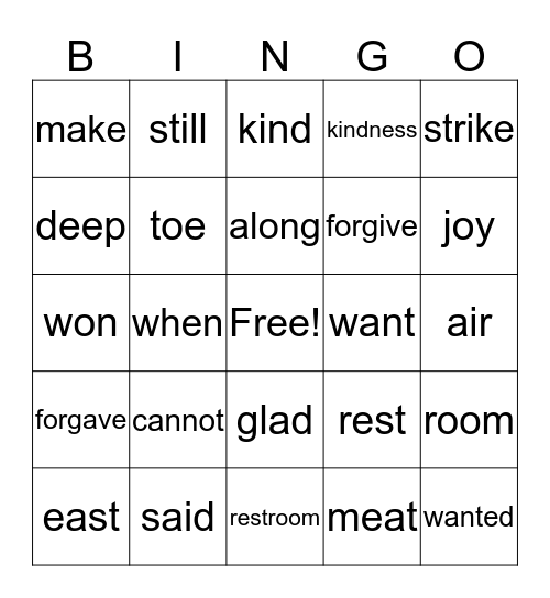 Spelling List J-5 Bingo Card