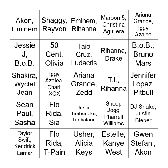 Duets 2000s-2020 Bingo Card