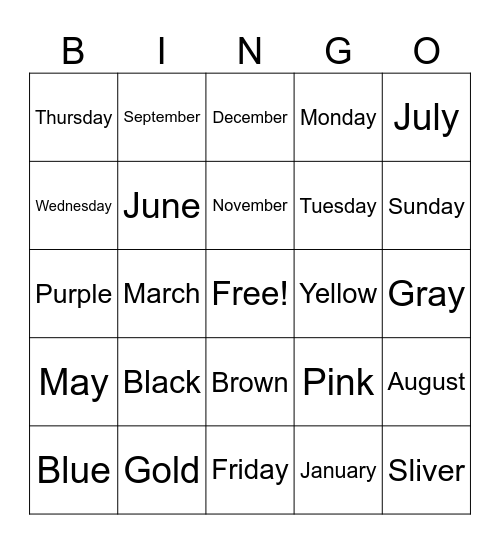 Los Colore, Meses y Días Bingo Card