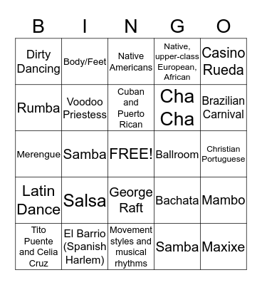 Latin Dance History Bingo Card