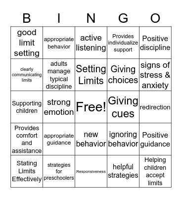 Appropriate Guidance Strategies For Preschoolers Bingo Card