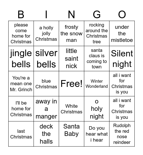 Christmas music Bingo Card