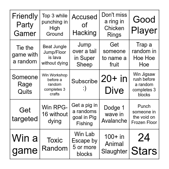 Hypixel Party Games Bingo Card