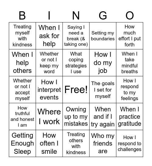 What I Can & Cannot Control... Bingo Card