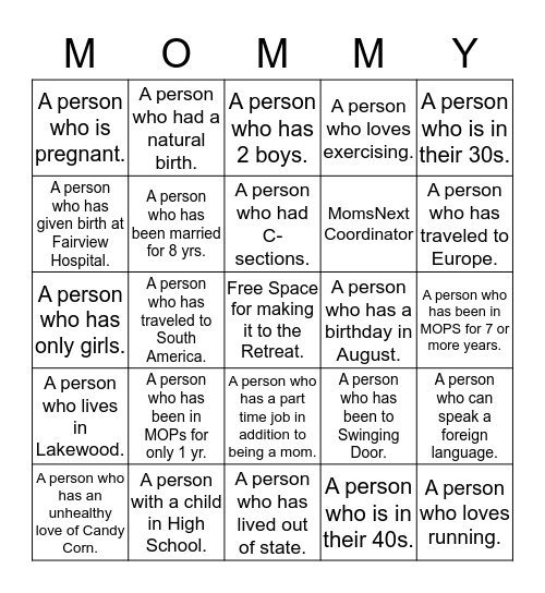 MomsNext and MOPS Retreat 2016 Bingo Card