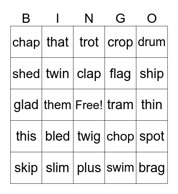 Blends and Diagraphs Bingo Card
