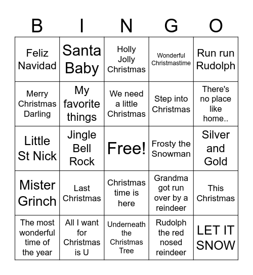 Christmas Songs Bingo Card