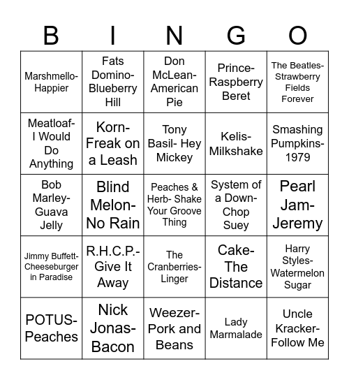 Radio Bingo Edibles Bingo Card