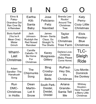 Radio Bingo Holiday Pop Music Bingo Card
