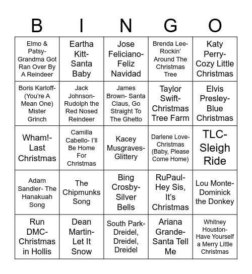 Radio Bingo Holiday Pop Music Bingo Card