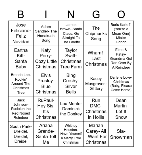 Radio Bingo Holiday Pop Music Bingo Card